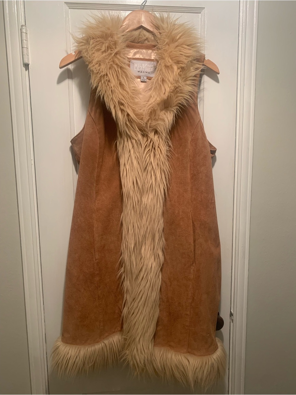 Wilsons Leather Maxima Penny Lane Style Long Suede Leather Fur Trim Vest Size L - Picture 2 of 16